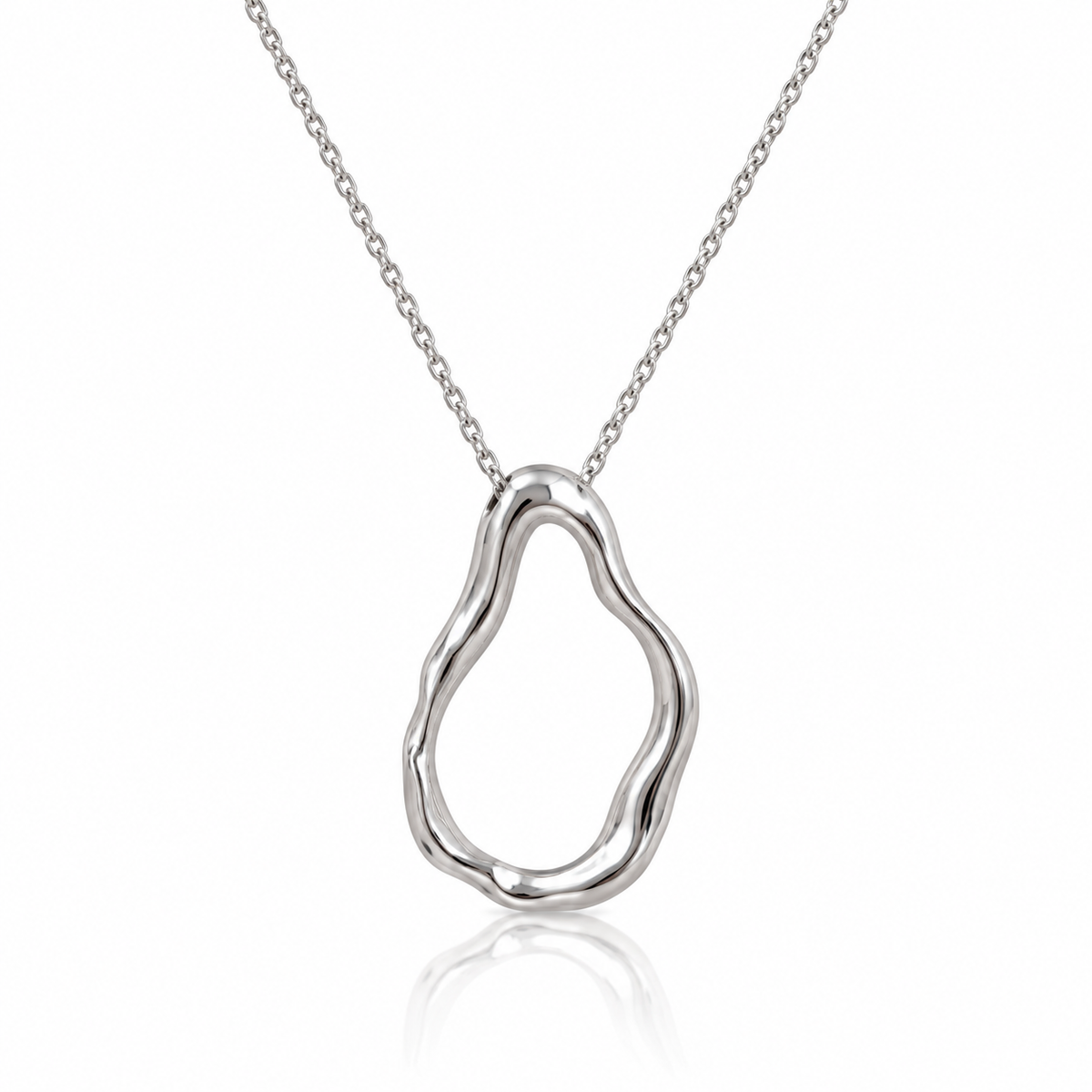 Silver-tone necklace with a large, irregular open-loop pendant and a flowing polished outline. Shown on a white background with a subtle reflection.